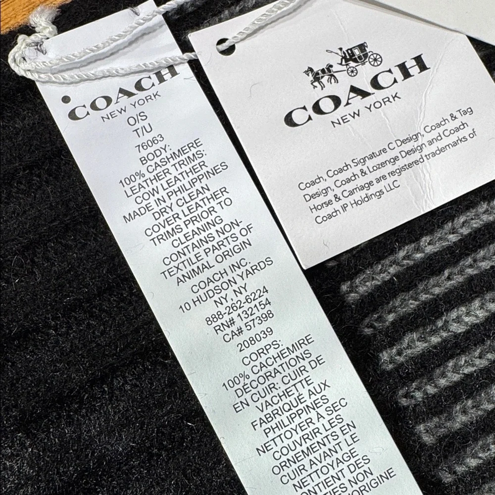 NWT COACH 100% CASHMERE BLACK & GREY STRIPE SCARF - Picture 6 of 7